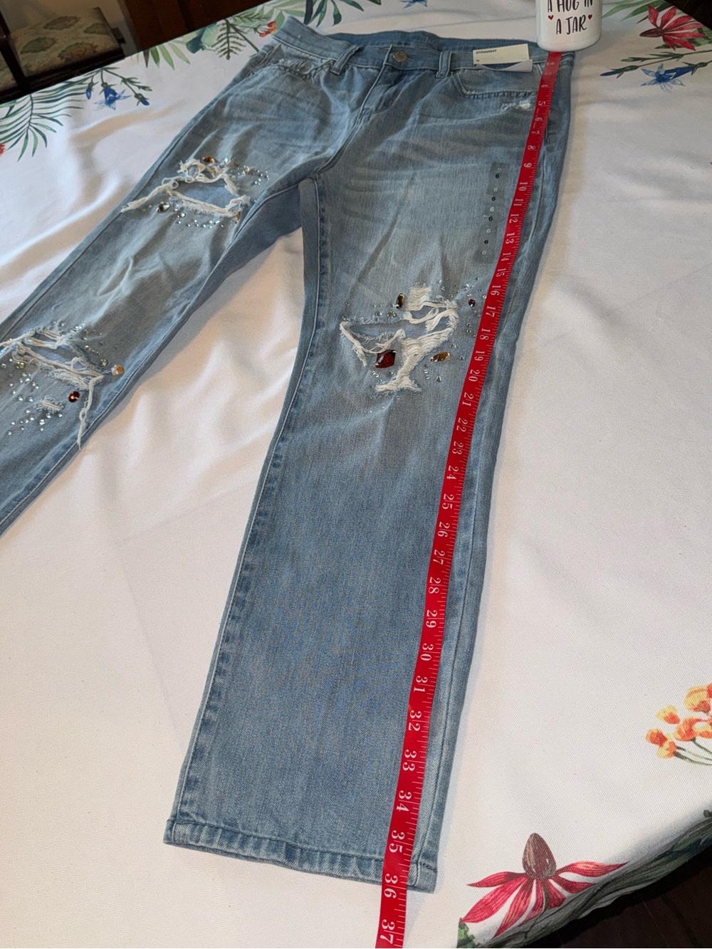 New York&Co Soho Straight leg Distressed ( open rip style ) with gems Jeans BNWT - Picture 5 of 16